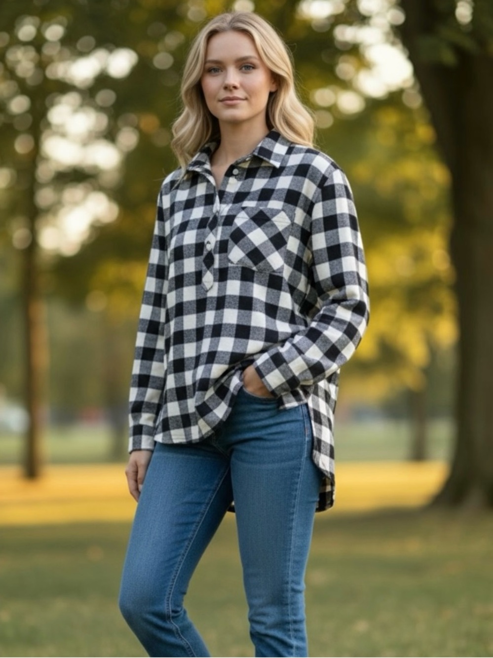 Lands’ End Cotton Black Cream Buffalo Plaid Flannel Popover Tunic Shirt Size 10